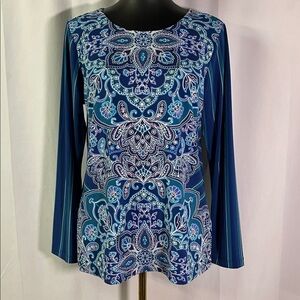 Bob Mackie Blue Teal & Purple Mixed Print Long Sleeve Top